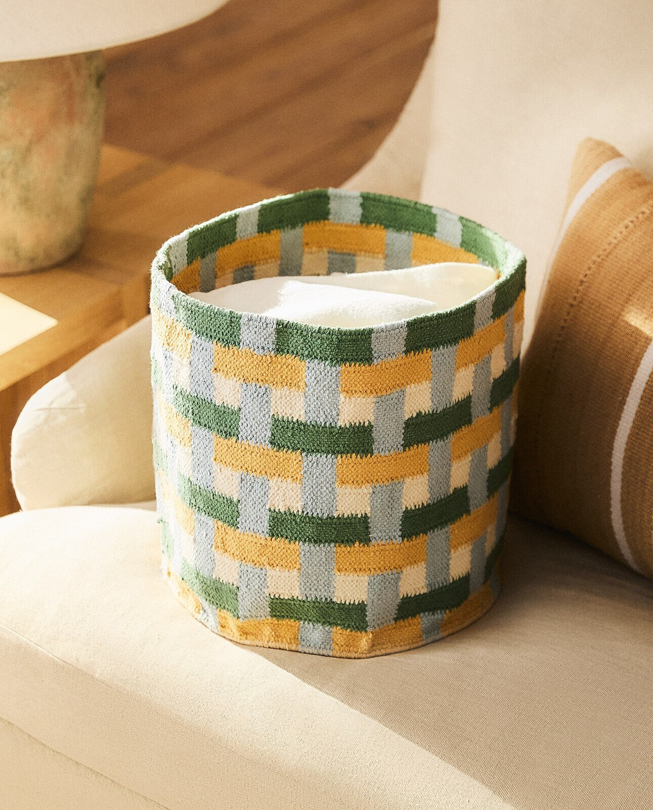 Green check kilim basket