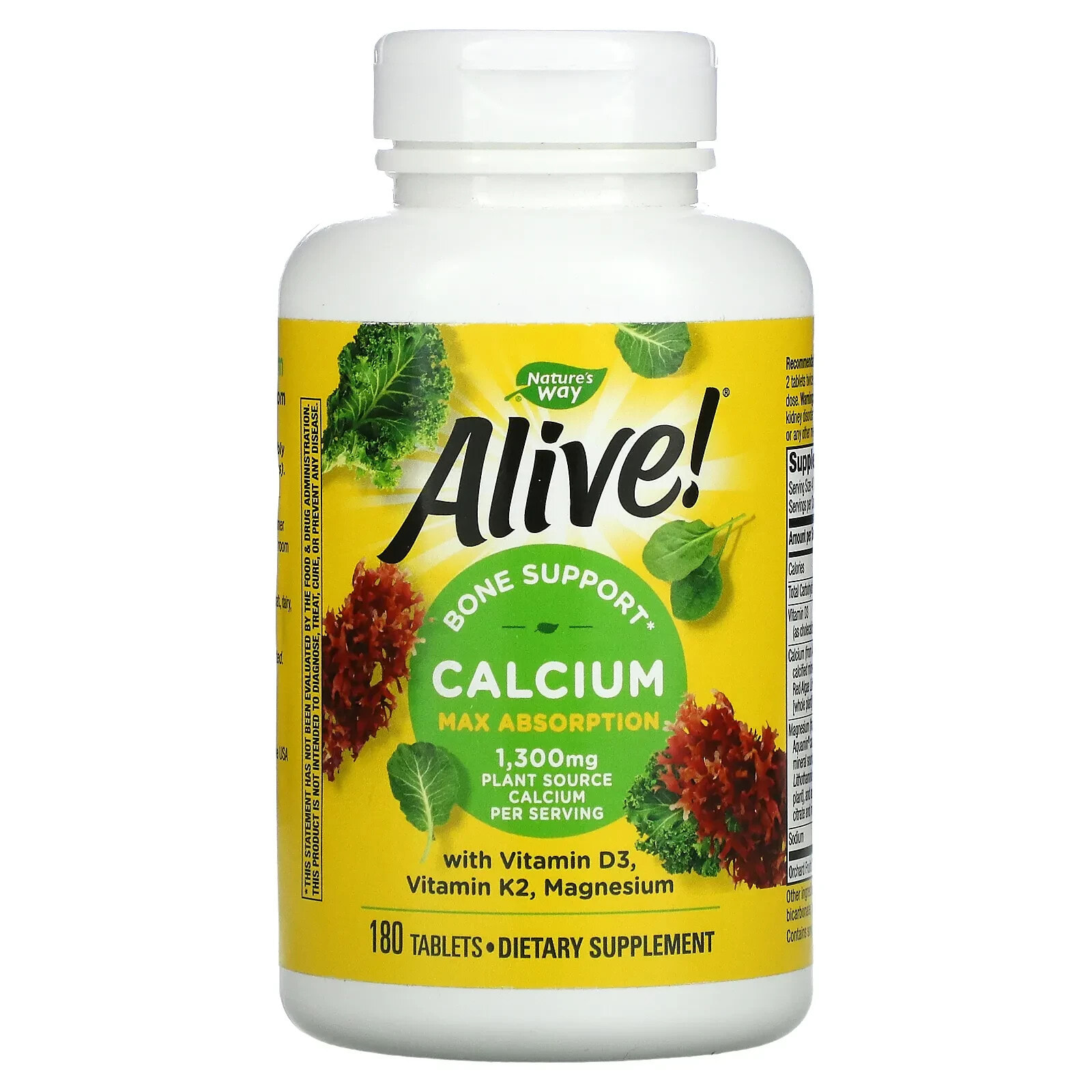 Натурес Вэй, Alive !, кальций с витамином D3, витамин K2, магний, 325 мг, 180 таблеток