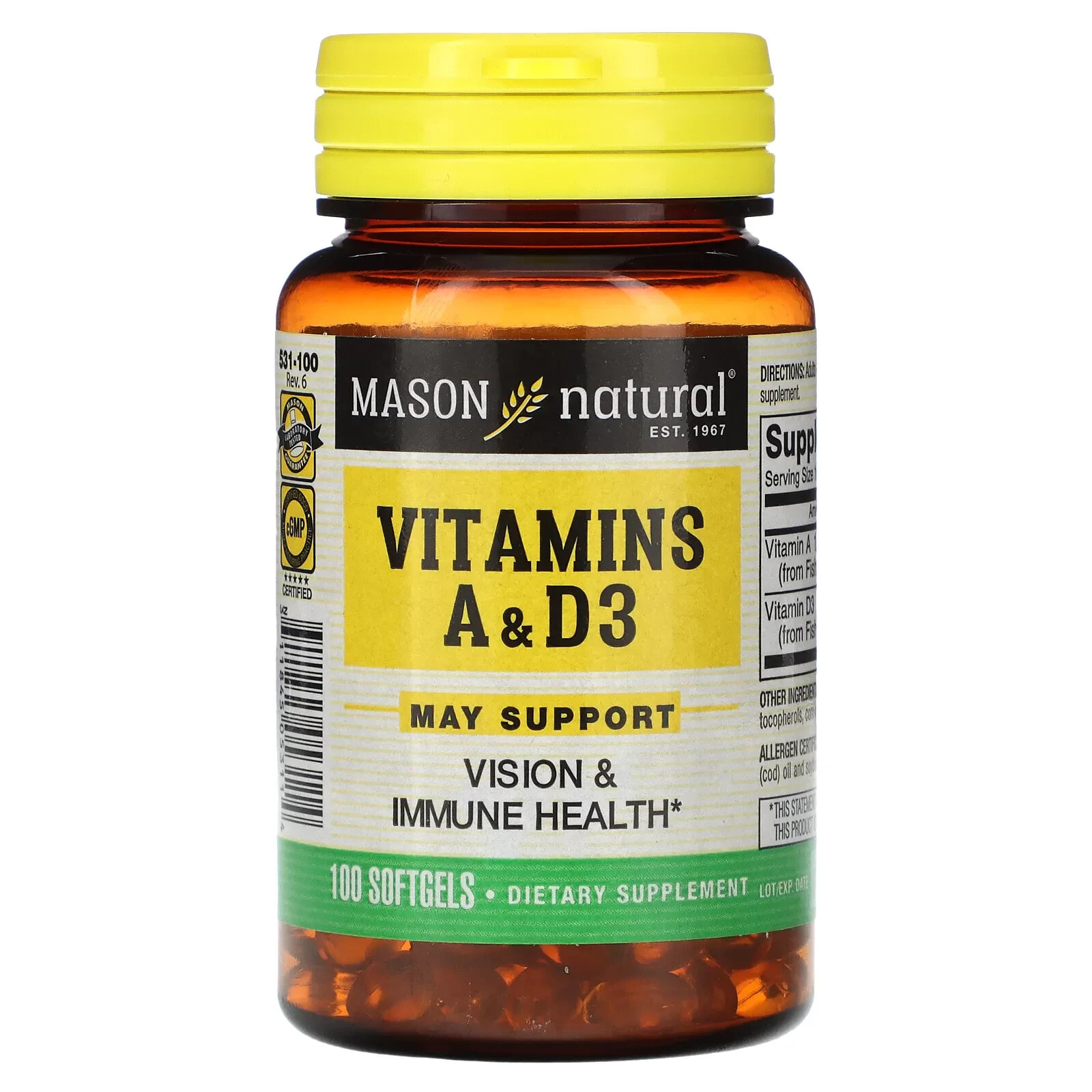 Mason Natural, Витамины A и D3, 100 мягких таблеток
