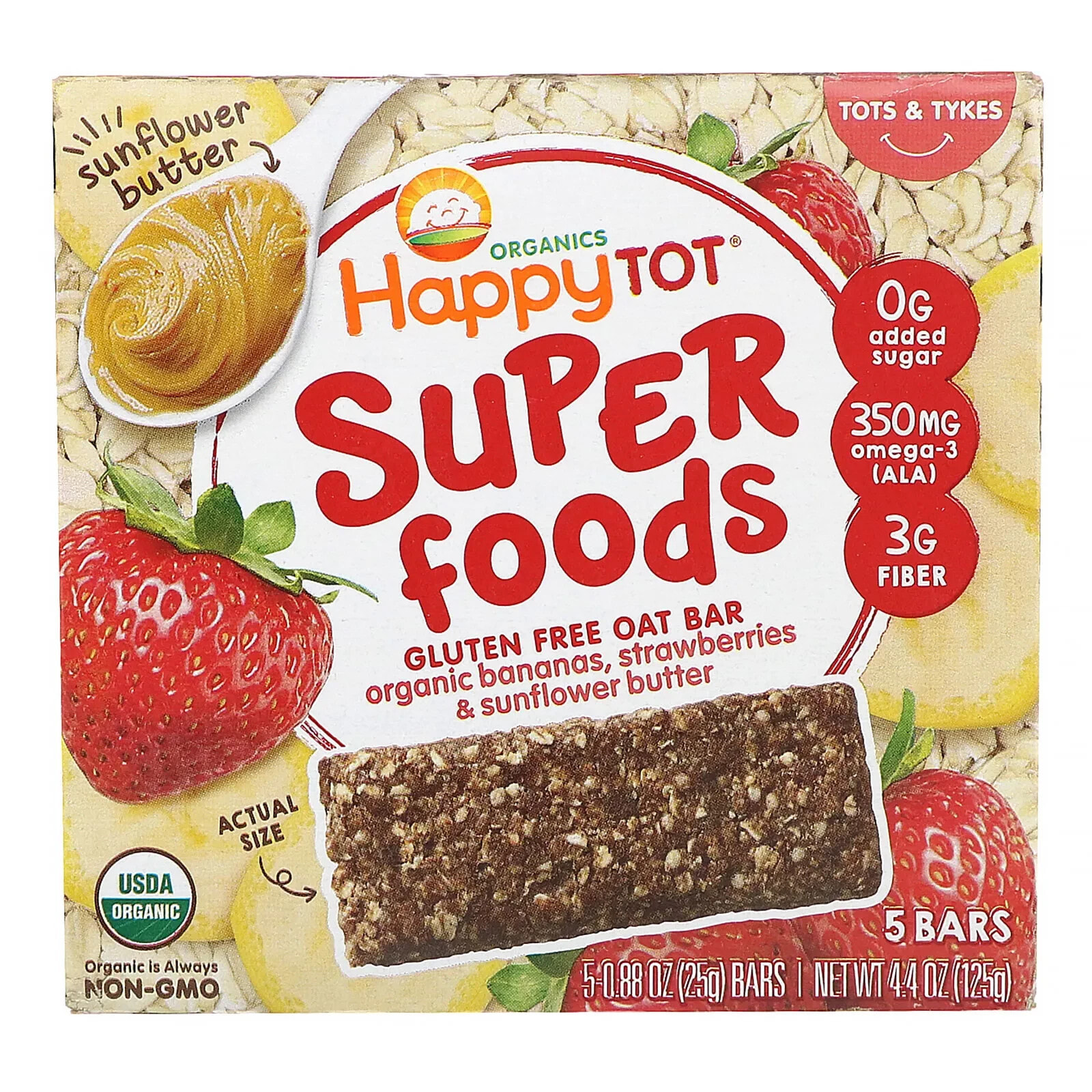 Happy Tot, Superfoods, Gluten Free Oat Bar, Organic Bananas, Strawberries & Sunflower Butter, 5 Bars, 0.88 oz (25 g) Each