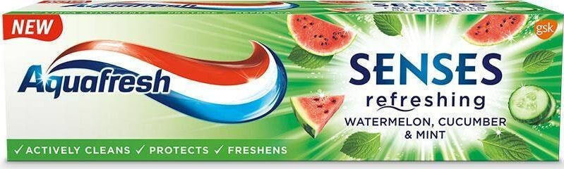Aquafresh Senses Refreshing Toothpaste Освежающая освежающая зубная паста с арбузом, огурцом и мятой 75мл