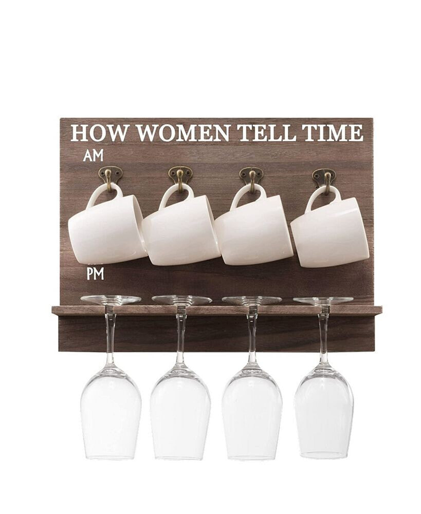 Bezrat how Women Tell Time Wall Mounted Wine Rack with Wine Glasses and Coffee Mugs, Set of 9