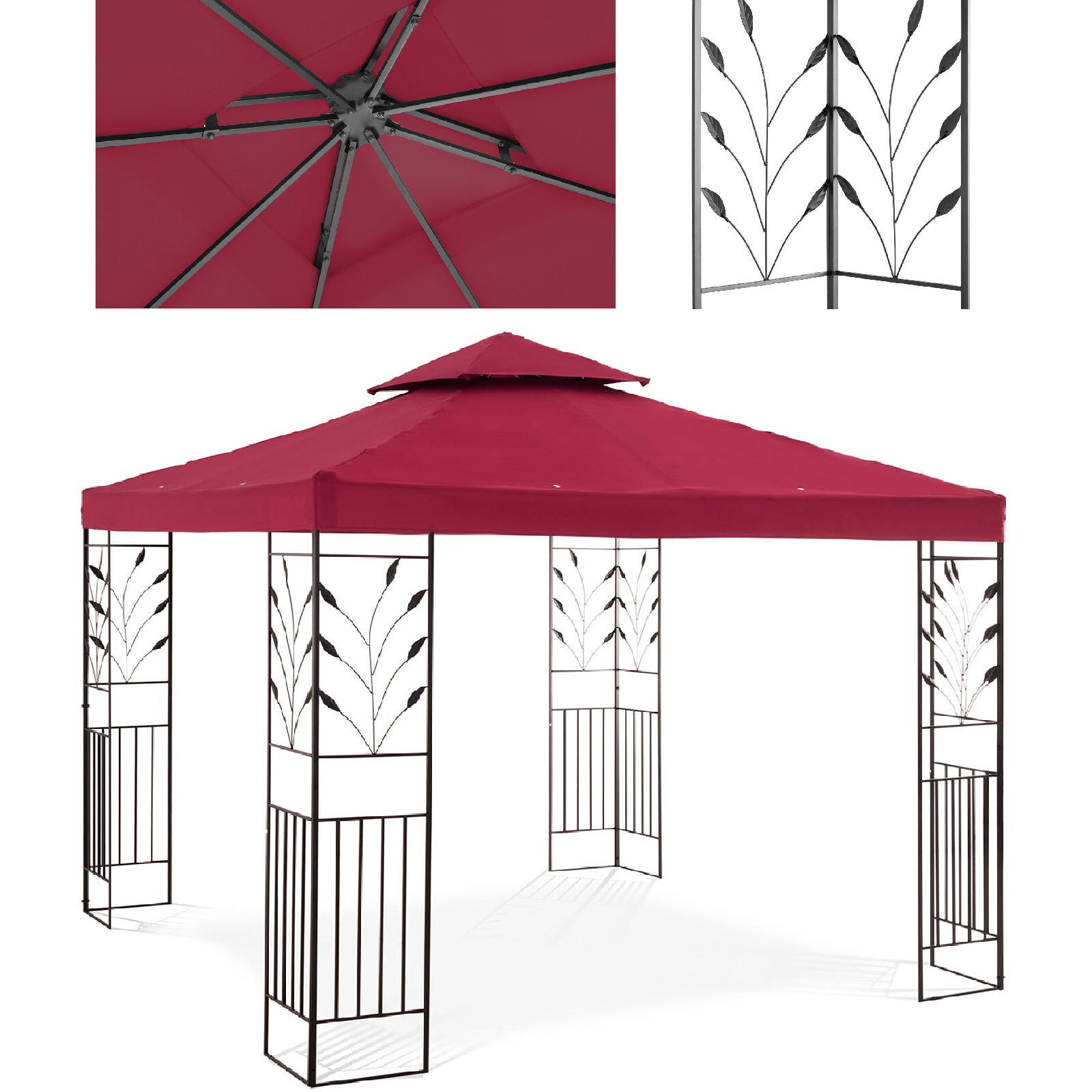 Garden pavilion, gazebo with ornaments, foldable, 3 x 3 x 2.6 m, red wine