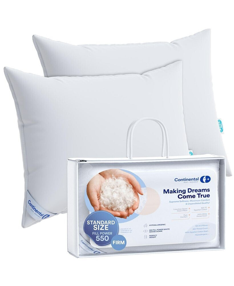 Continental Bedding luxury Down Pillows Standard Size Set of 2 - 550FP Firm