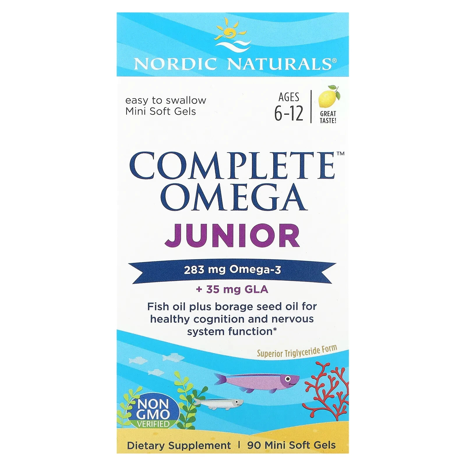 Нордик Натуралс, Complete Omega Junior, для детей от 6 до 12 лет, лимон, 180 мини-капсул