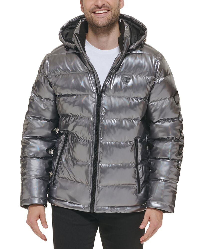 GUESS men's Holographic Hooded Puffer Jacket