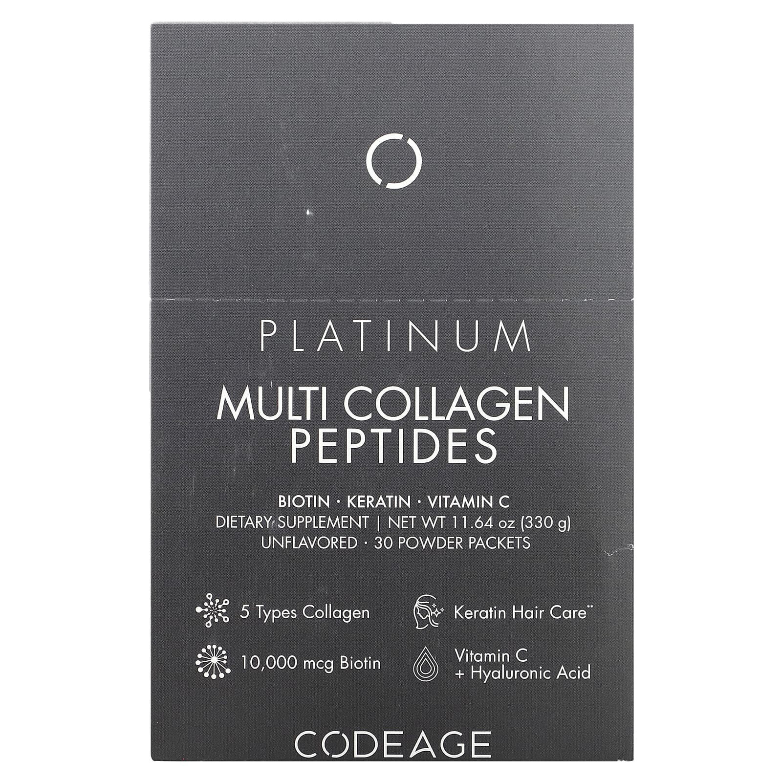Codeage, Platinum Multi Collagen Peptides, без добавок, 30 пакетиков по 11 г (0,38 унции)
