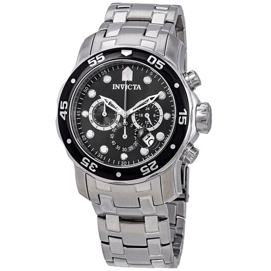 Мужские наручные часы с серебряным браслетом  Invicta Pro Diver Chronograph Black Dial Mens Watch 0069