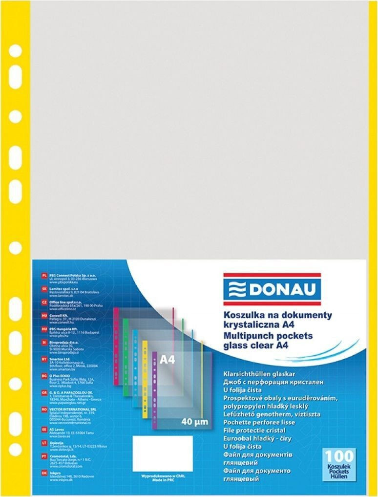 Школьный файл или папка Donau Koszulki na dokumenty DONAU, PP, A4, krystal, 40mikr., kolorowy brzeg - żółty, 100szt.