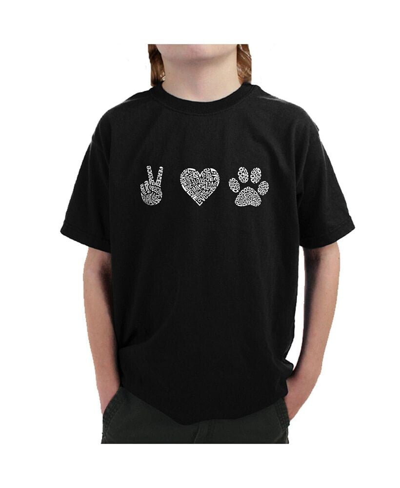 LA Pop Art boys Word Art T-shirt - Peace Love Dogs