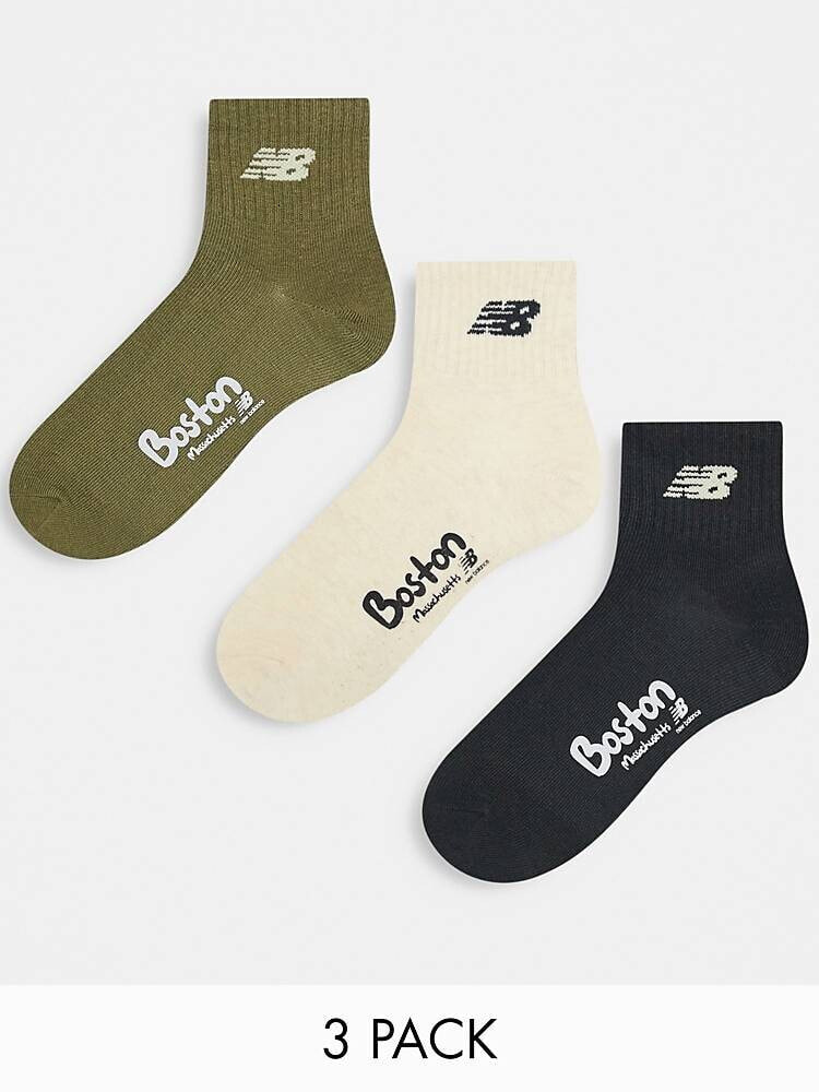 New Balance – 3er-Pack knöchelhohe Socken in Grün/Schwarz/Weiß mit „Boston“-Schriftzug