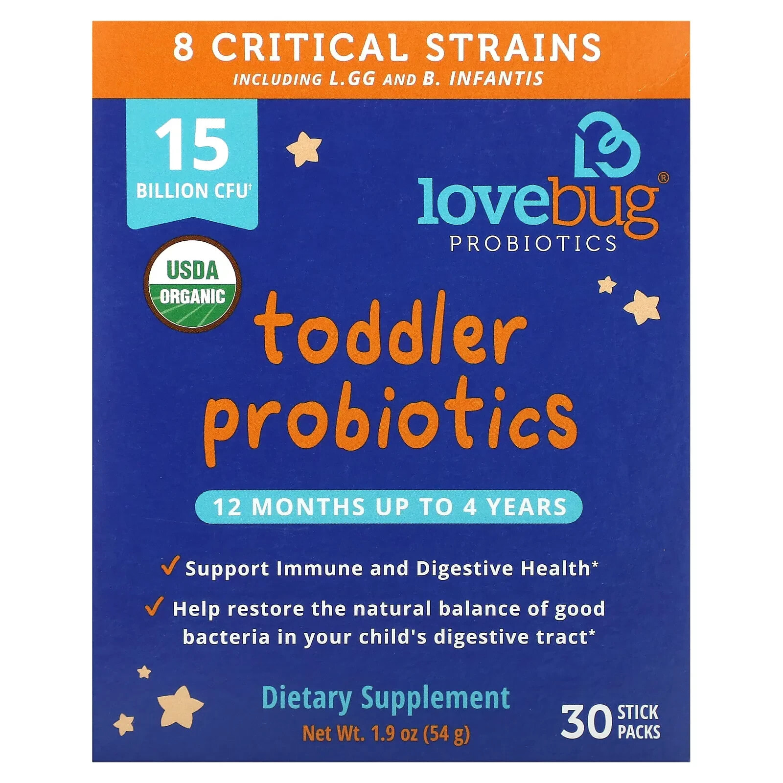LoveBug Probiotics, пробиотики для детей в возрасте от 12 месяцев до 4 лет, 15 млрд КОЕ, 30 порций в индивидуальной упаковке