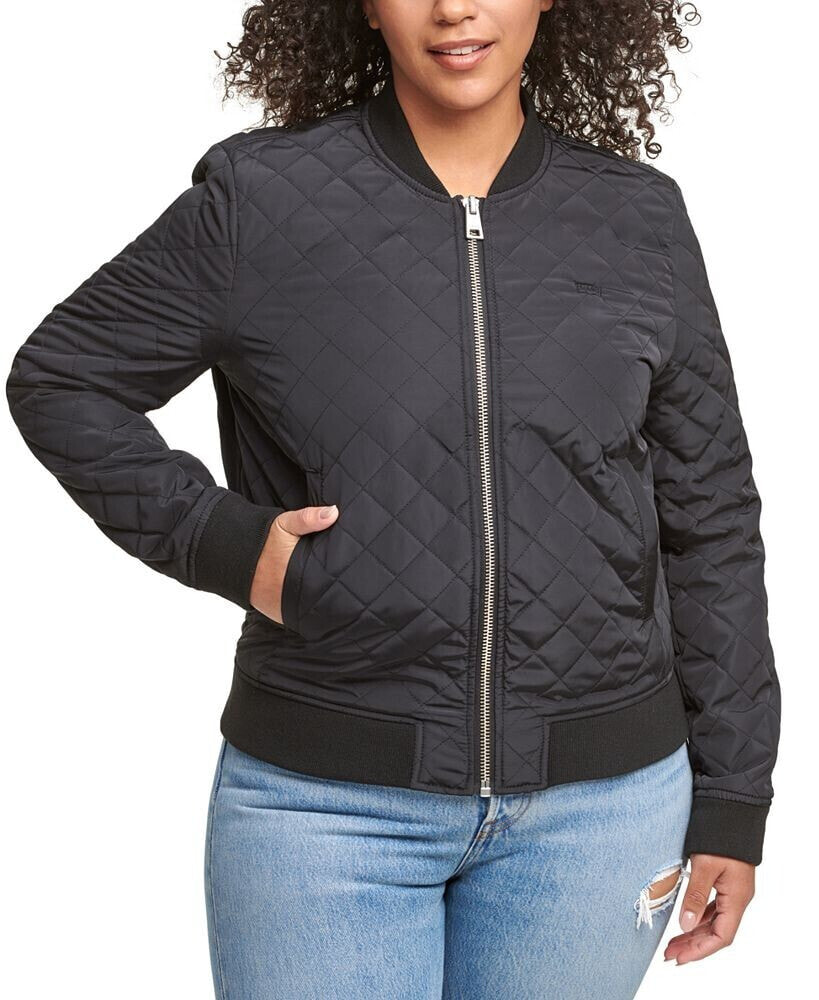 Plus Size Trendy Diamond Quilted Bomber Jacket