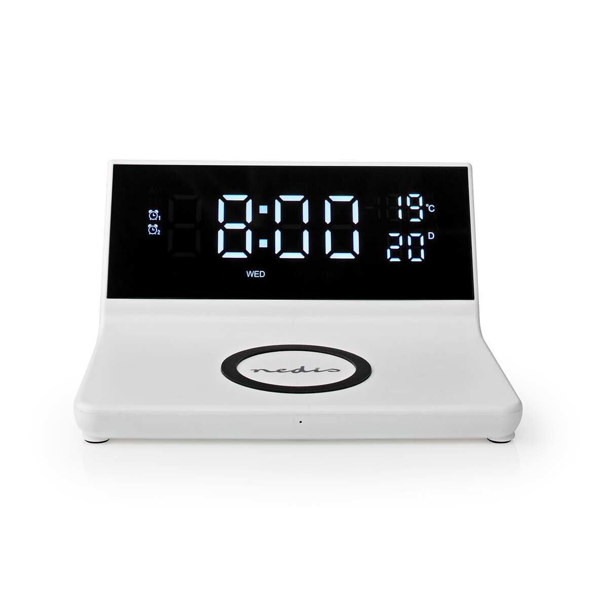 Nedis Alarm clock with wireless charging - Digital alarm clock - Rectangle - White - Acrylonitrile butadiene styrene (ABS) - 24h - 1 °C