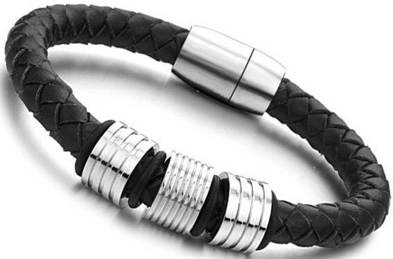 Мужской кожаный браслет черный плетеный со стальной отделкой  Troli