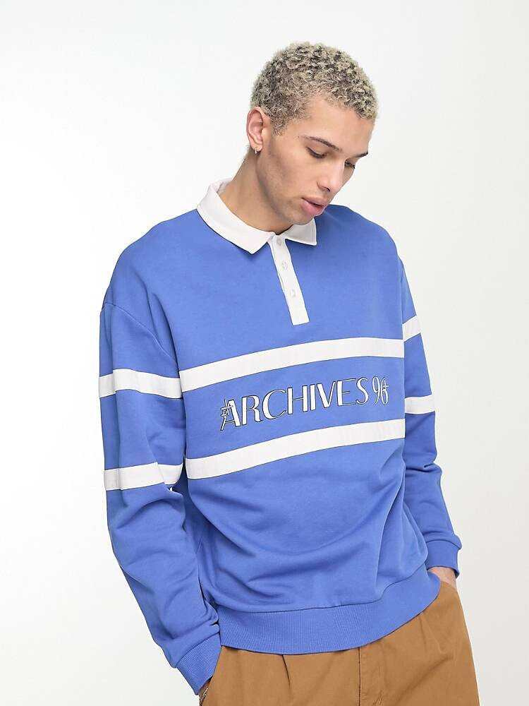 ASOS DESIGN – Oversize-Sweatshirt in Blau mit Polokragen und Textprint