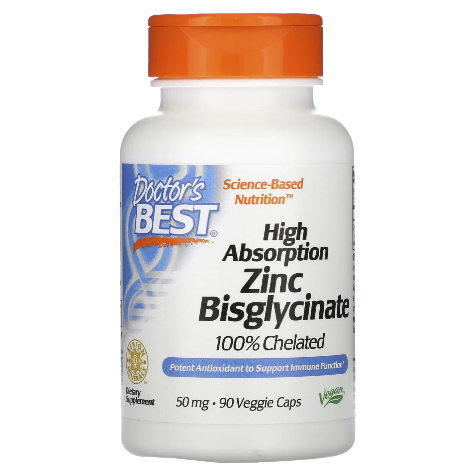 Doctor's Best, High Absorption Zinc Bisglycinate, 100% Chelated, 50 mg, 90 Veggie Caps