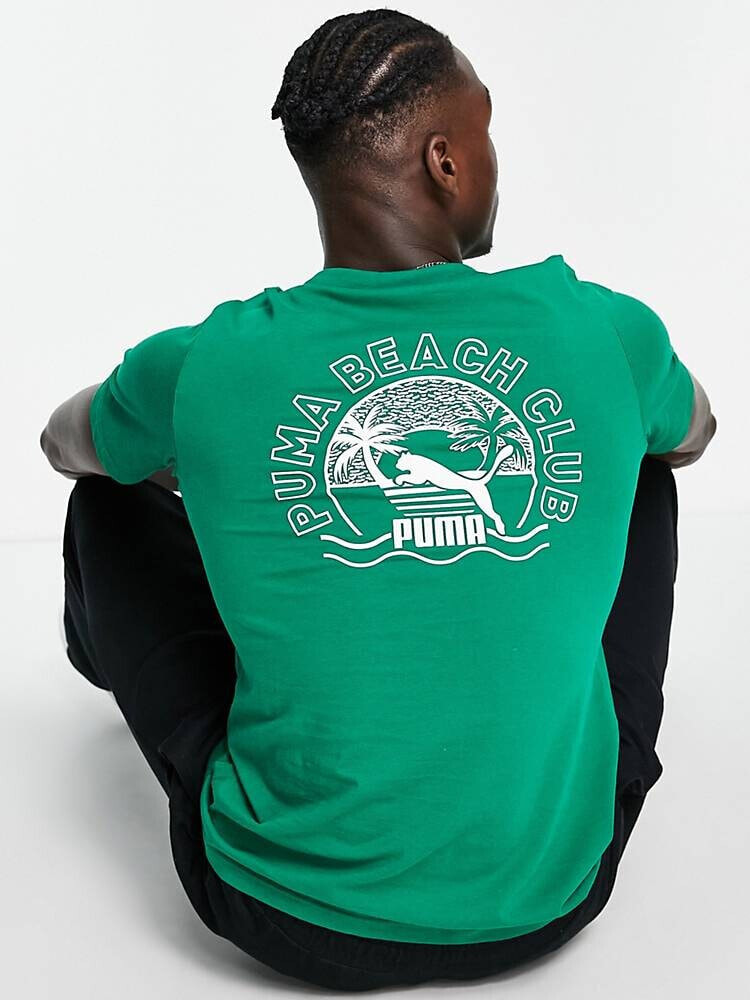 Puma – T-Shirt in Grün mit „Beach“-Rückenprint