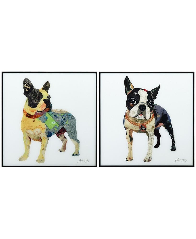 Boston Terrier 1 and 2 Reverse Printed Art Glass Collection and Anodized Aluminum Frame Glass Dog Wall Art, 24