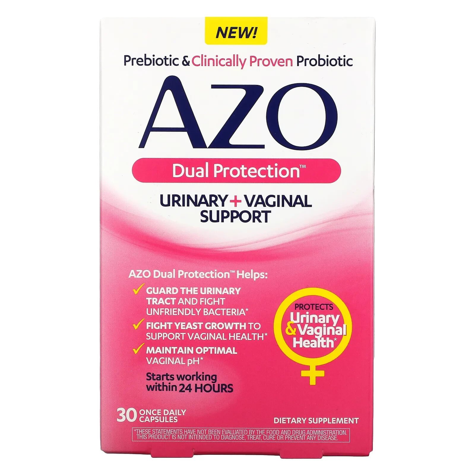 Азо, Dual Protection, поддержка мочеиспускания и влагалища, 30 капсул для приема один раз в день