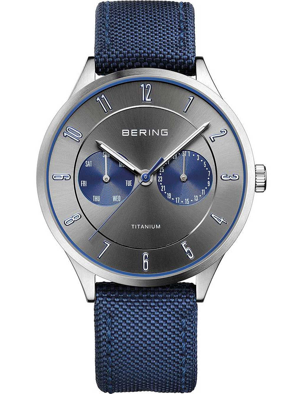 Мужские наручные часы с синим текстильным ремешком Bering 11539-873 titanium mens watch 39mm 5ATM