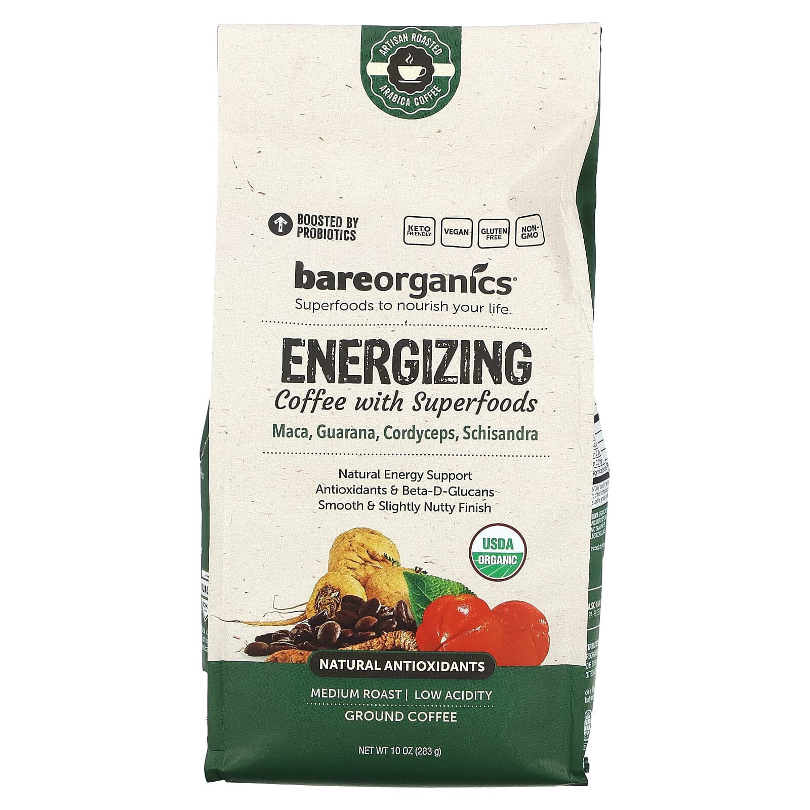 BareOrganics, Бодрящий кофе с суперфудами, молотый, средней обжарки, 283 г (10 унций)