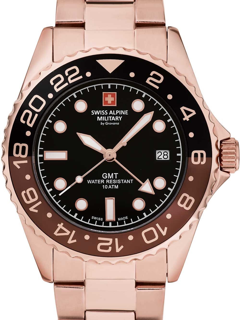 Мужские наручные часы с золотистым браслетом Swiss Alpine Military 7052.1164 GMT diver 42mm 10ATM