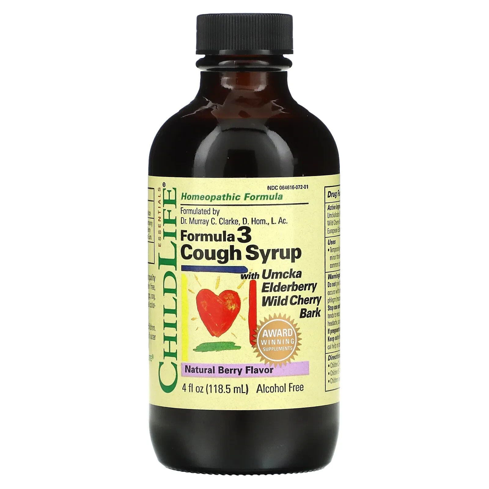 Essentials, Formula 3 Cough Syrup, Alcohol Free, Natural Berry, 4 fl oz (118.5 ml)