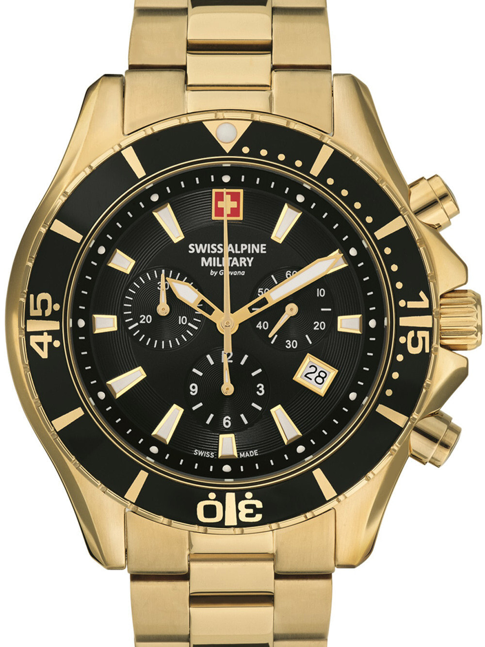 Мужские наручные часы с золотистым браслетом Swiss Alpine Military 7040.9117 chrono 45mm 10ATM