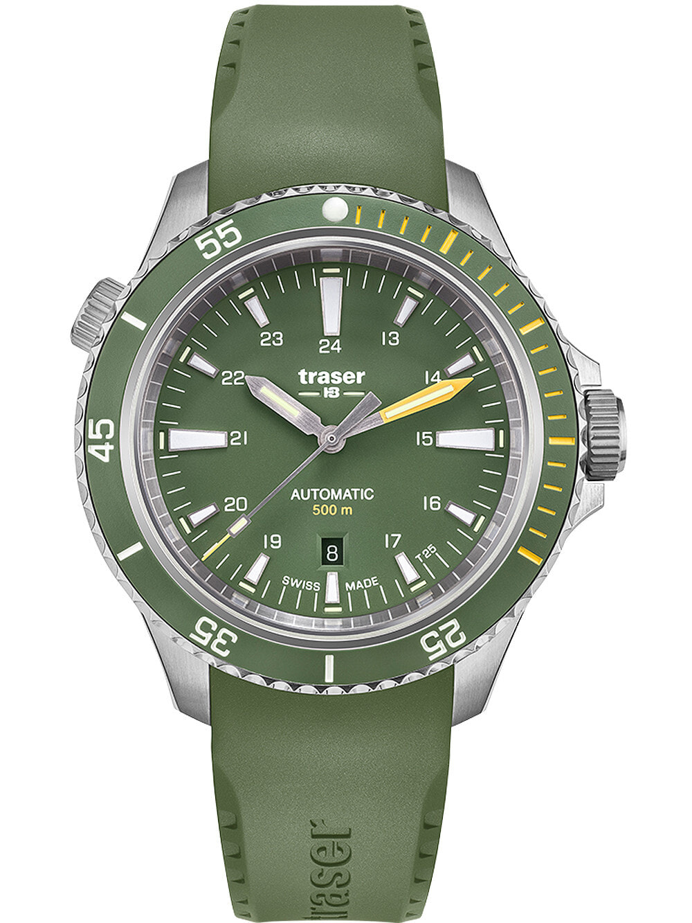 Мужские наручные часы с зеленым силиконовым ремешком Traser H3 110327 P67 Diver Automatik Green 46mm 50ATM