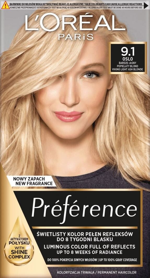 L'Oreal Paris Preference Hair Colour 9.1 Стойкая краска, придающая блеск волосам, оттенок очень светлым пепельным блондин