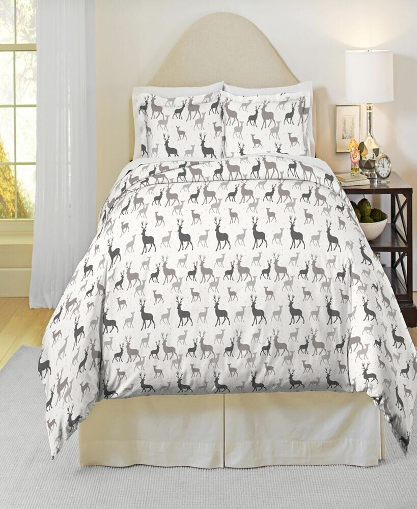 Pointehaven autumn Deer Print Heavy Weight Cotton Flannel Duvet Cover Set, King/California King