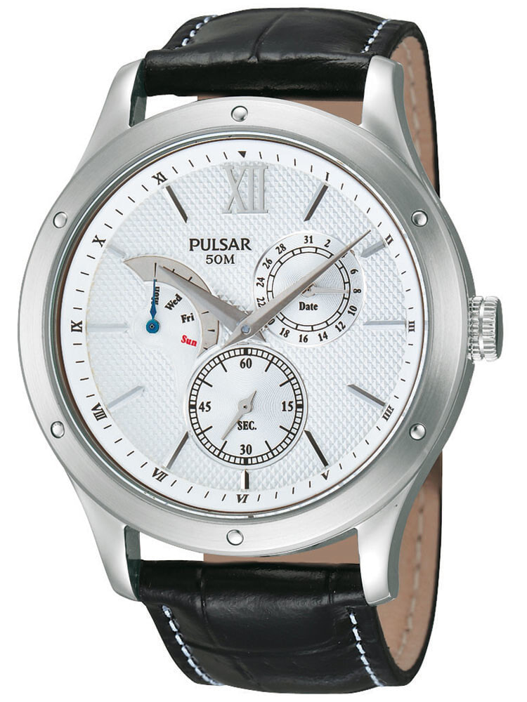 Мужские наручные часы с черным кожаным ремешком  Pulsar PQ7005X1 Mens Watch Silver Black Multifunction 5 ATM