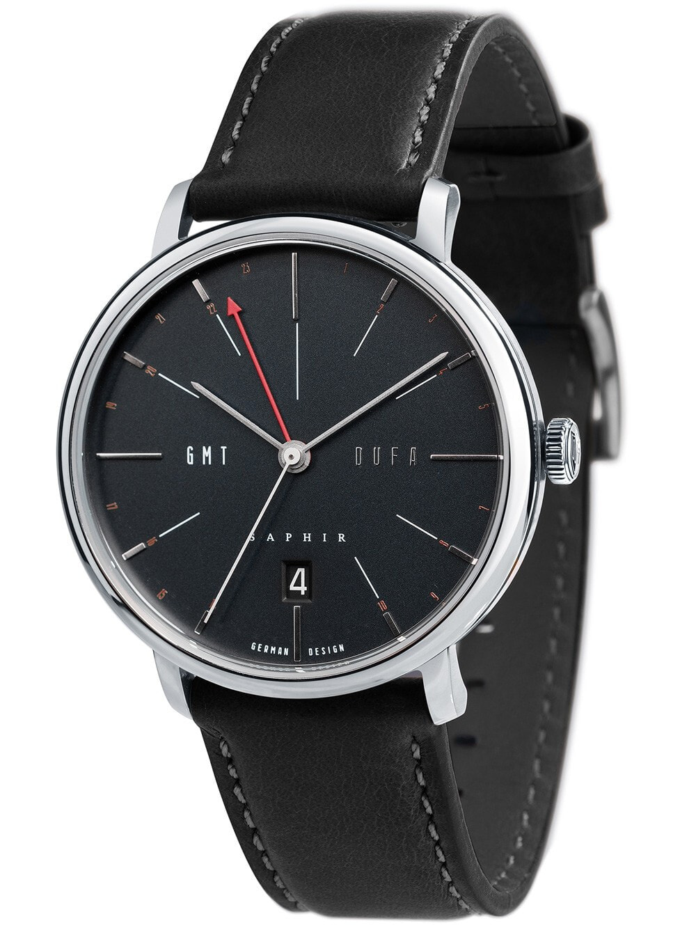 Мужские наручные часы с черным кожаным ремешком DuFa DF-9030-02 Sapphire Mens 40mm 3ATM