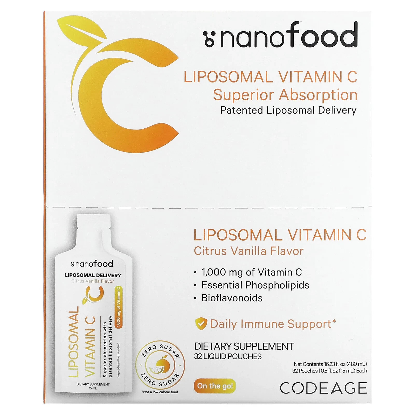Codeage, Липосомальный витамин C, цитрусовая ваниль, 1000 мг, 32 пакетика по 15 мл (0,5 жидк. Унции)