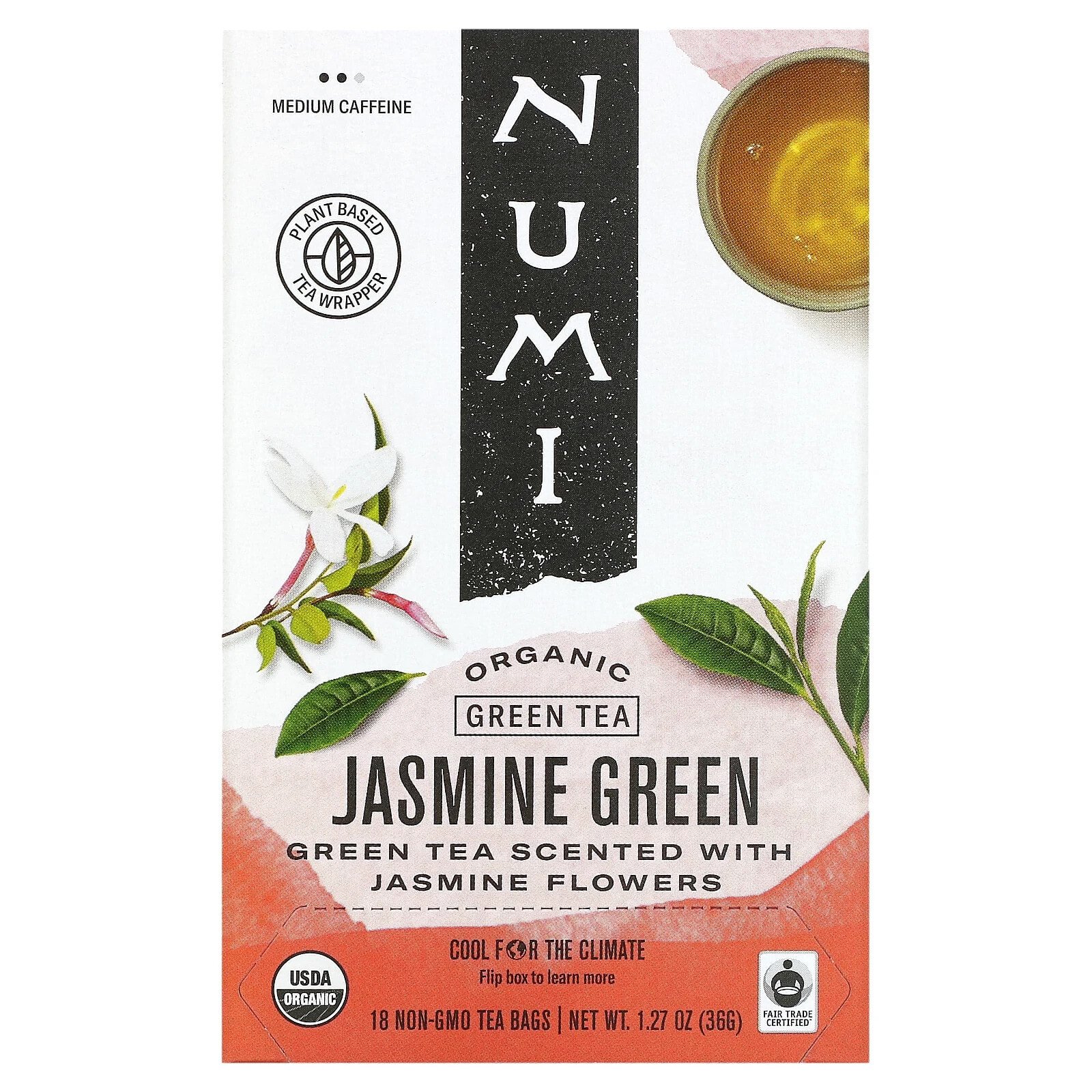 Numi Tea, Органический зеленый чай, зеленый жасмин, 18 чайных пакетиков, 1,27 унции (36 г)
