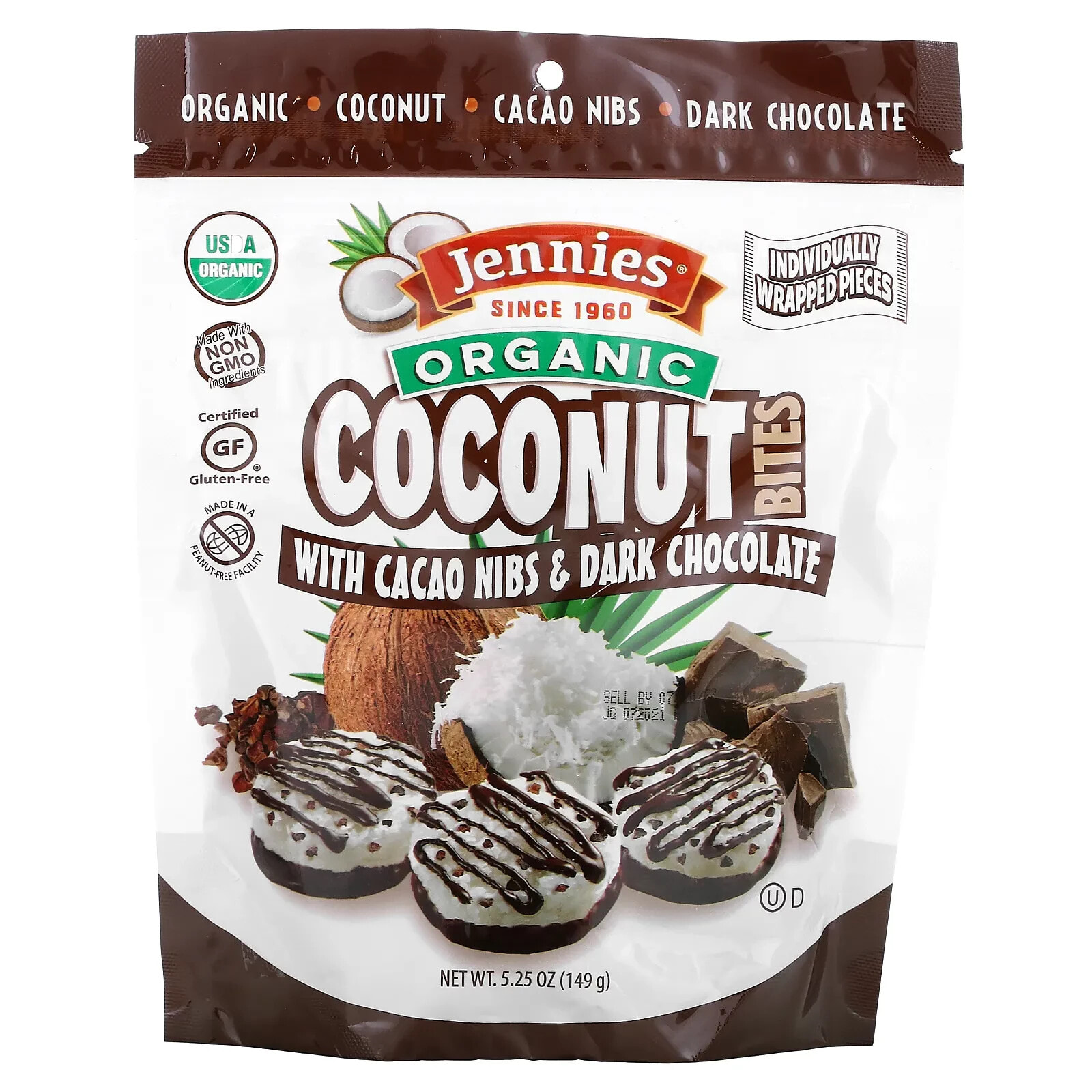 Jennies Macaroons, органические кусочки кокоса, с дробленными бобами какао и темным шоколадом, 149 г (5,25 унции)