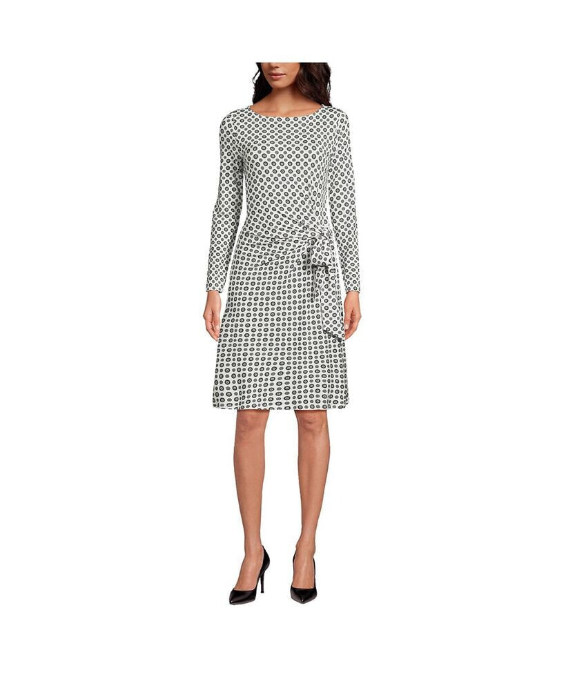 Lands' End women's Long Sleeve Lightweight Cotton Modal Boatneck Tie Waist Dress