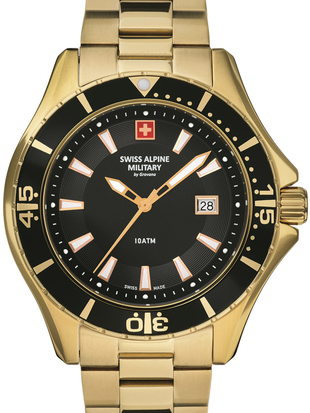 Мужские наручные часы с золотым браслетом Swiss Alpine Military 7040.1117 diver 45mm 10ATM