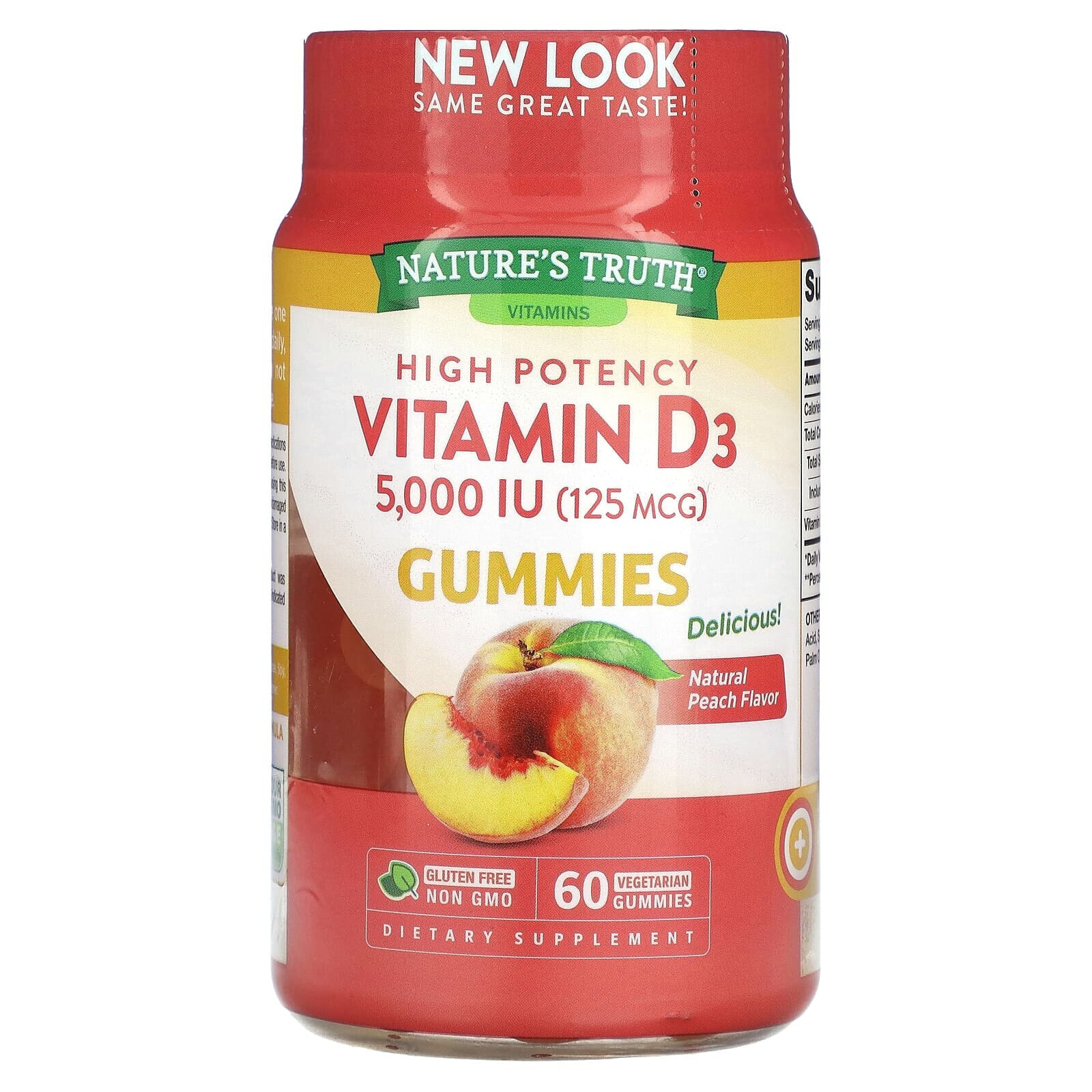 Nature's Truth, Витамин D3, высокая эффективность, натуральный персик, 5000 МЕ (125 мкг), 60 вегетарианских жевательных таблеток