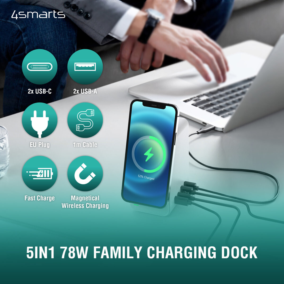 4smarts 5in1 Ultimag Desktower Charger - Indoor - USB - Wireless charging - 1 m - White