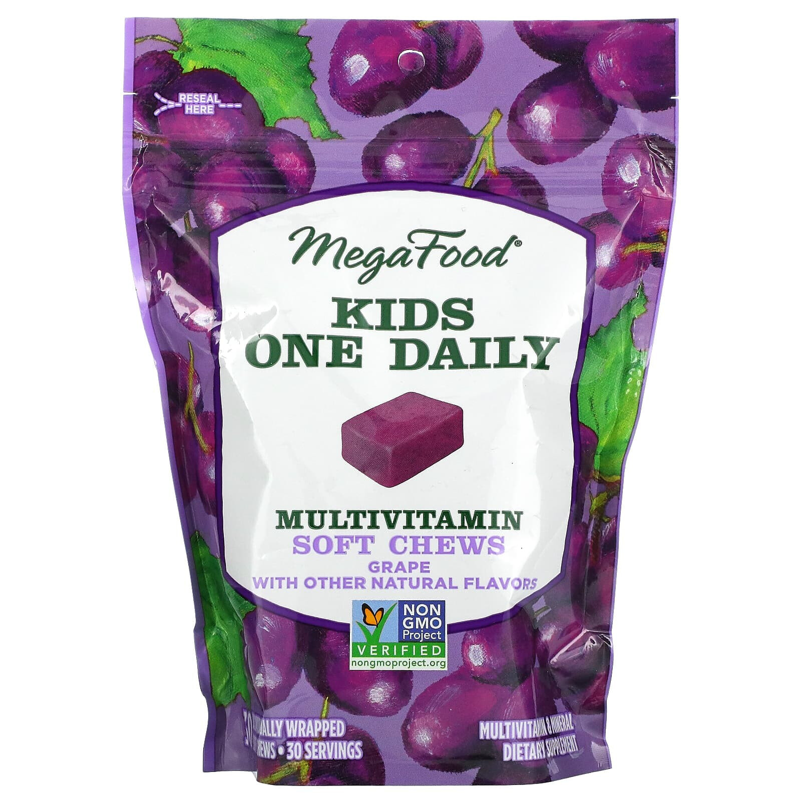 Мегафудс, One Daily, для детей, жевательная мультивитаминная добавка, со вкусом винограда, 30 жевательных пастилок в индивидуальной упаковке