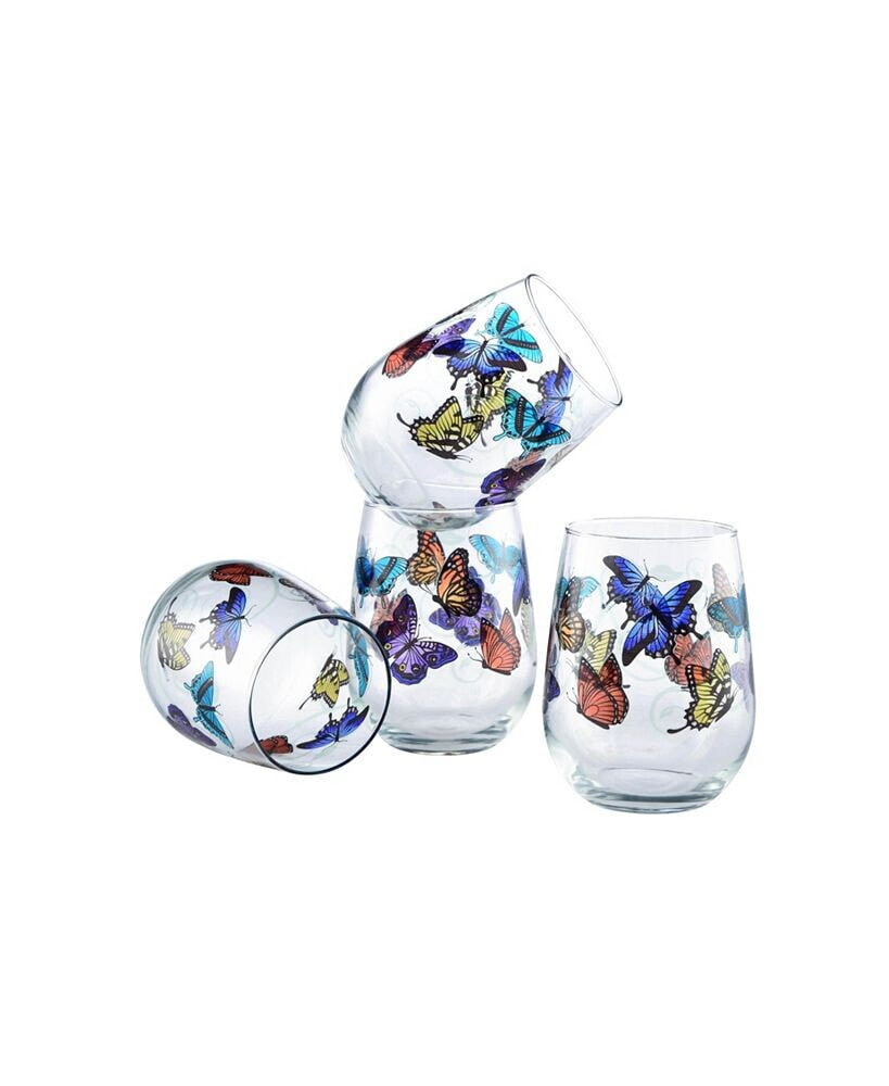 Culver butterflies Stemless Wine Glass 15-Ounce Set of 4