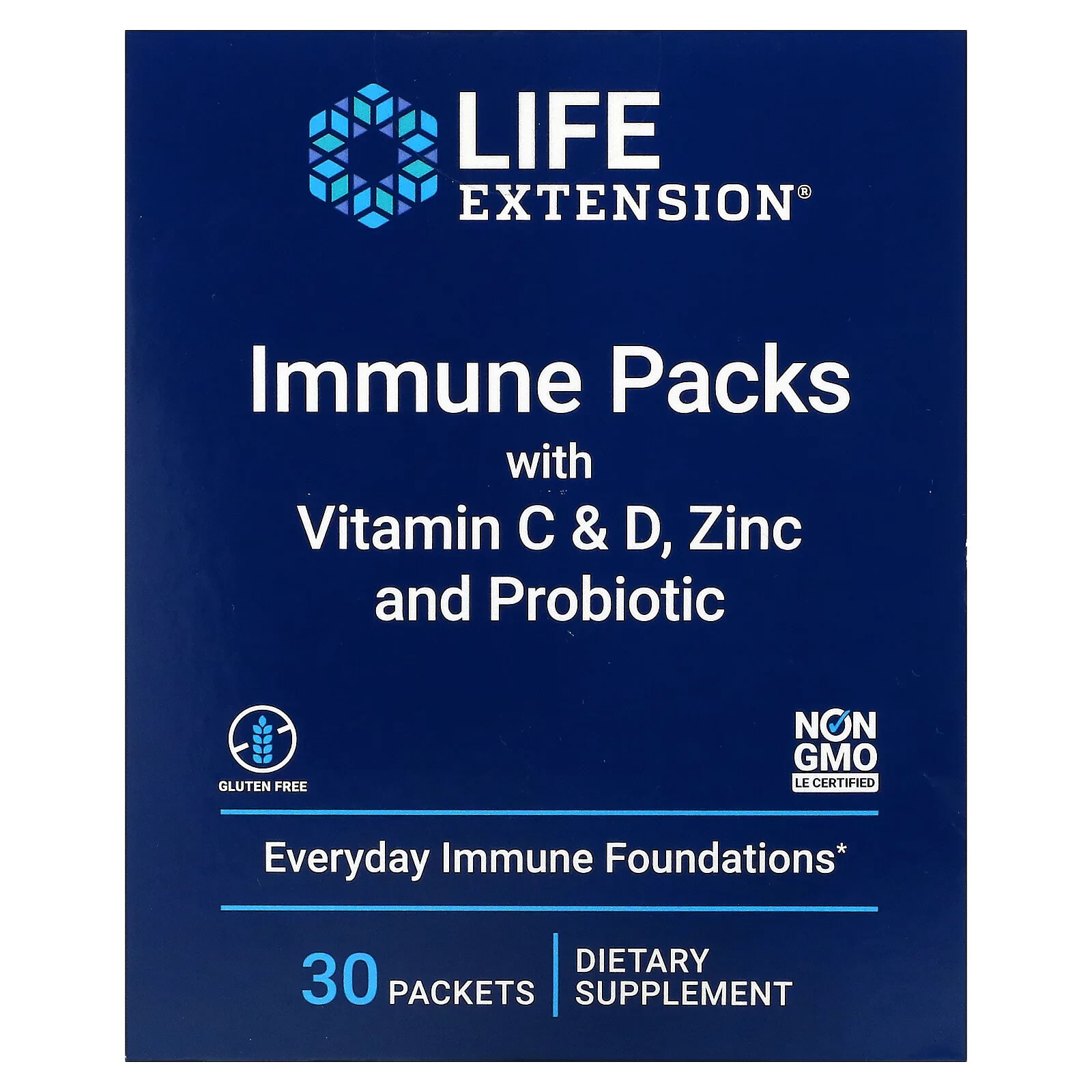 Лайф Экстэншн, Иммунные пакеты с витаминами C и D, цинком и пробиотиком, 30 пакетиков