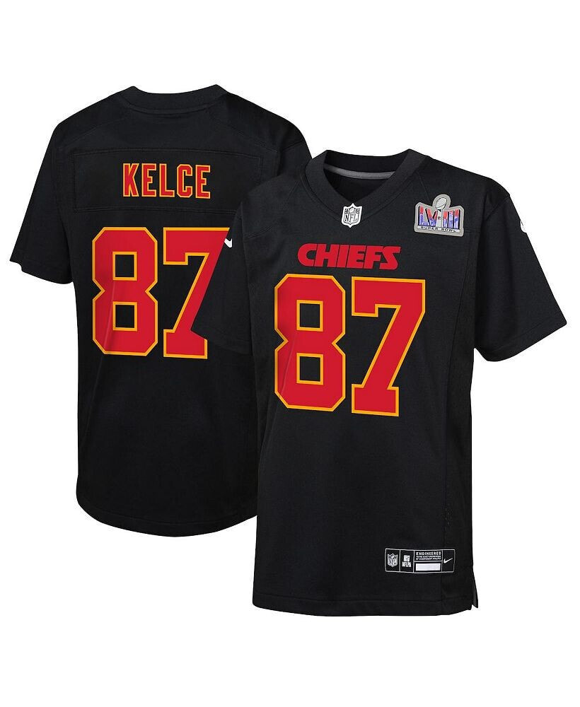 Nike big Boys Travis Kelce Black Kansas City Chiefs Super Bowl LVIII Patch Carbon Fashion Game Jersey