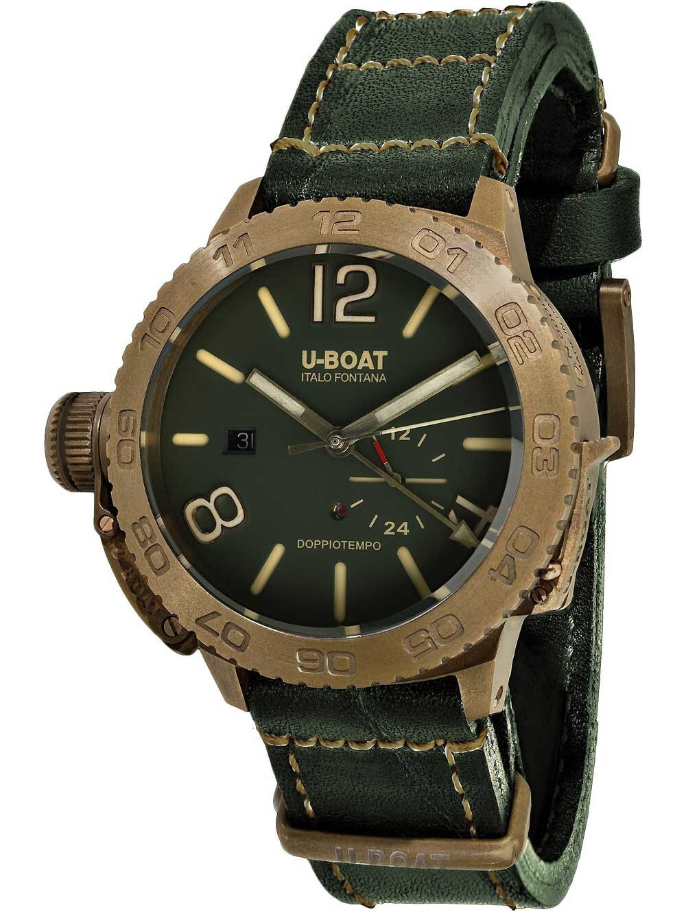 Мужские наручные часы с зеленым кожаным ремешком U-Boat 9088 Doppotiempo Automatic 46mm 10 ATM