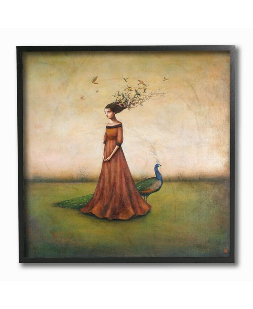 Beauty and Birds in Her Hair Woman and Peacock Illustration Framed Texturized Art, 12