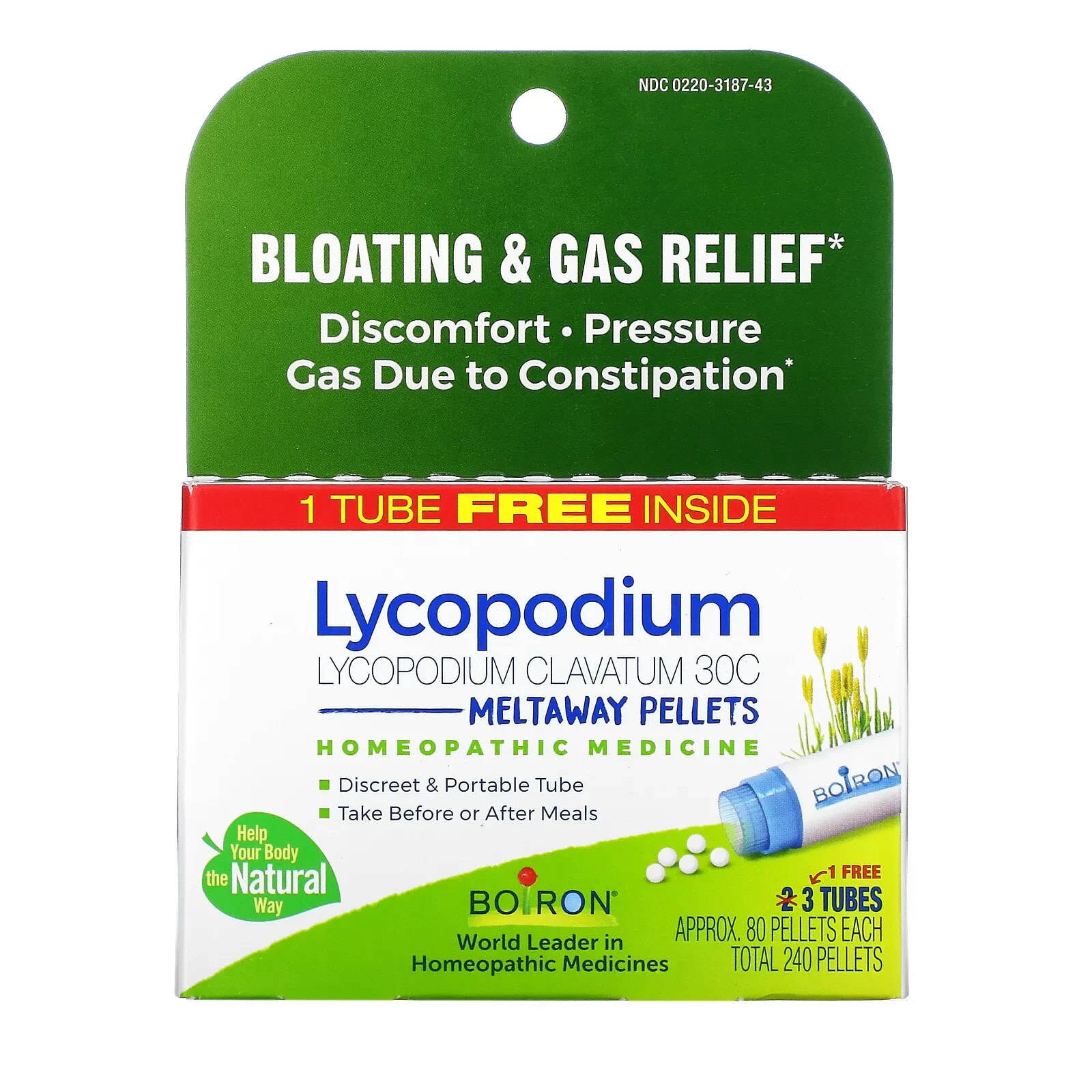 Boiron, Lycopodium, Bloating & Gas Relief, Meltaway Pellets, 30C, 3 Tubes, 80 Pellets Each