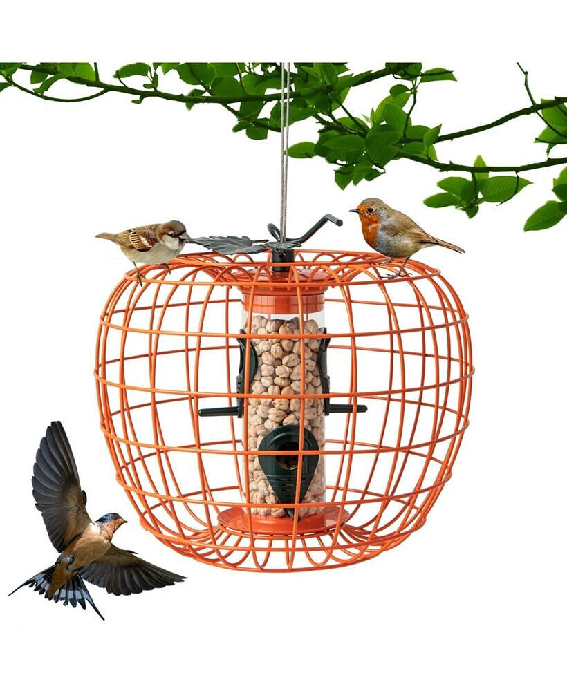 Costway squirrel-Proof Pumpkin Bird Feeder with Cage 4 Metal Ports 4 Perches Drainage Hole