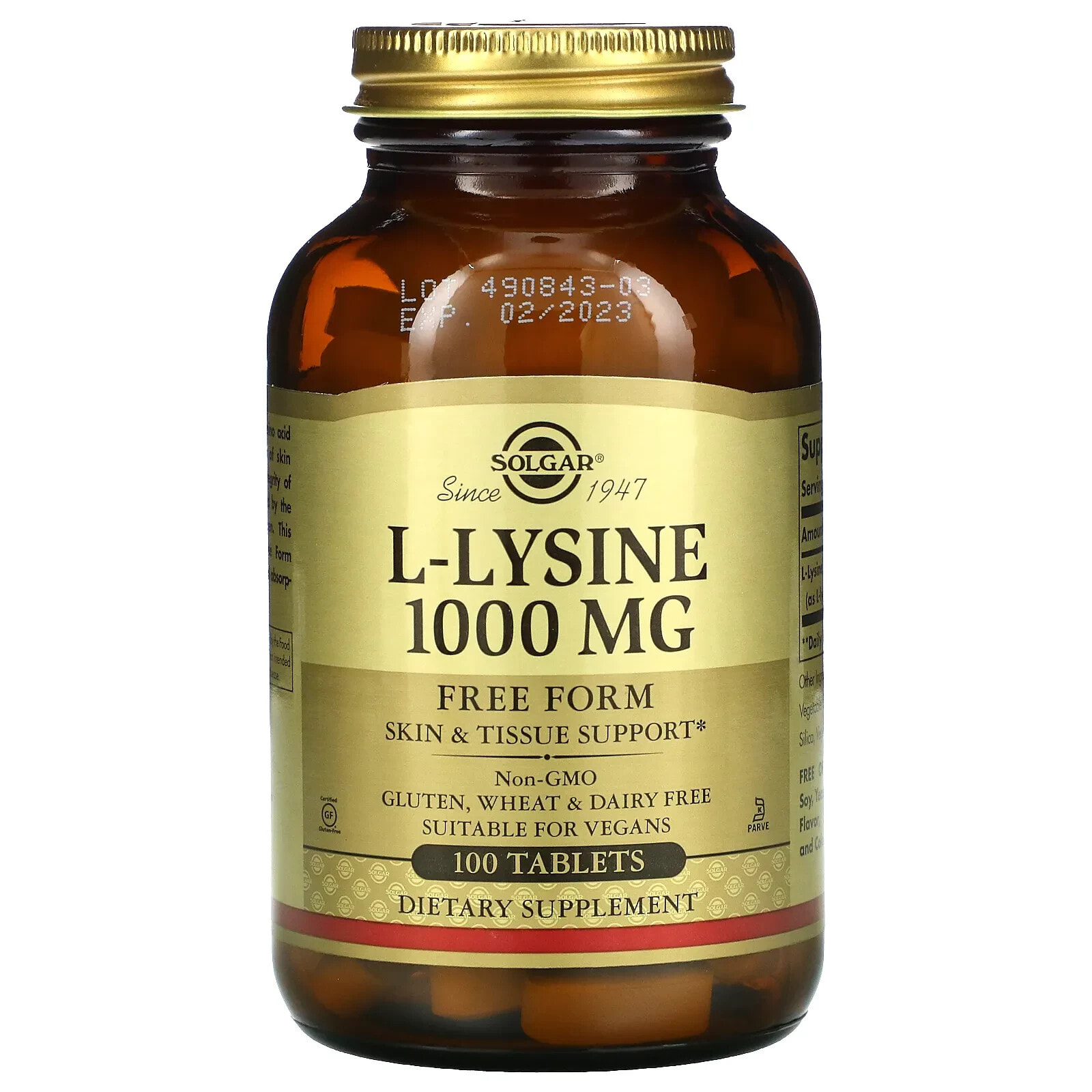 Солгар, L-лизин, в свободной форме, 1000 мг, 250 таблеток